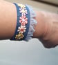 Upcycled Denim Cuff Bracelet with Pastel Floral Appliqué Ribbon - Free Postage - Image 6