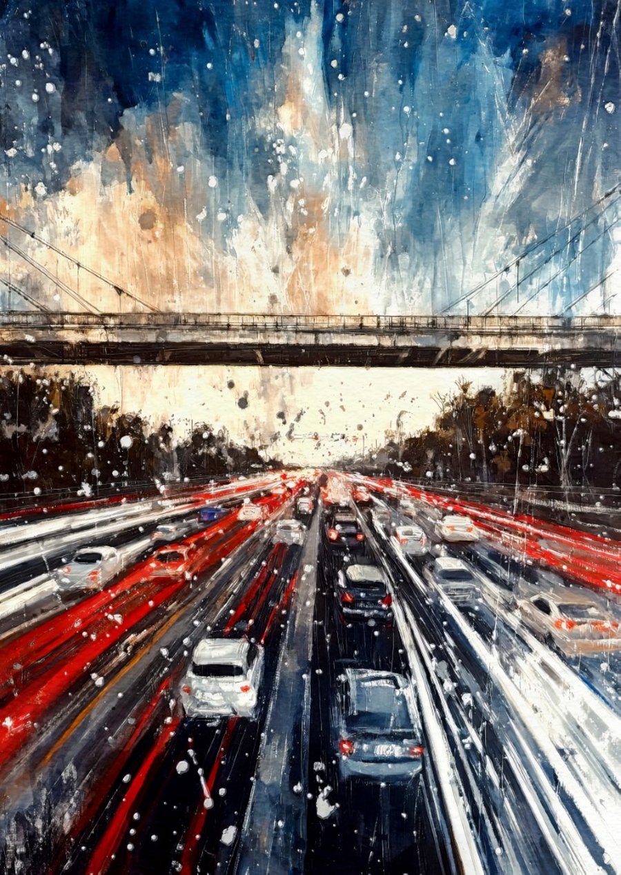 Urban Traffic, Expressway at Night in Cityscape Painting 5"x7" Matte Print