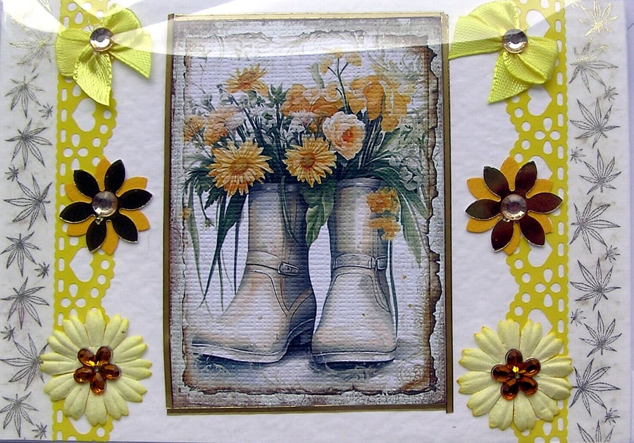Yellow Flower Hand Crafted Decoupage Greeting Card - Blank (2660)