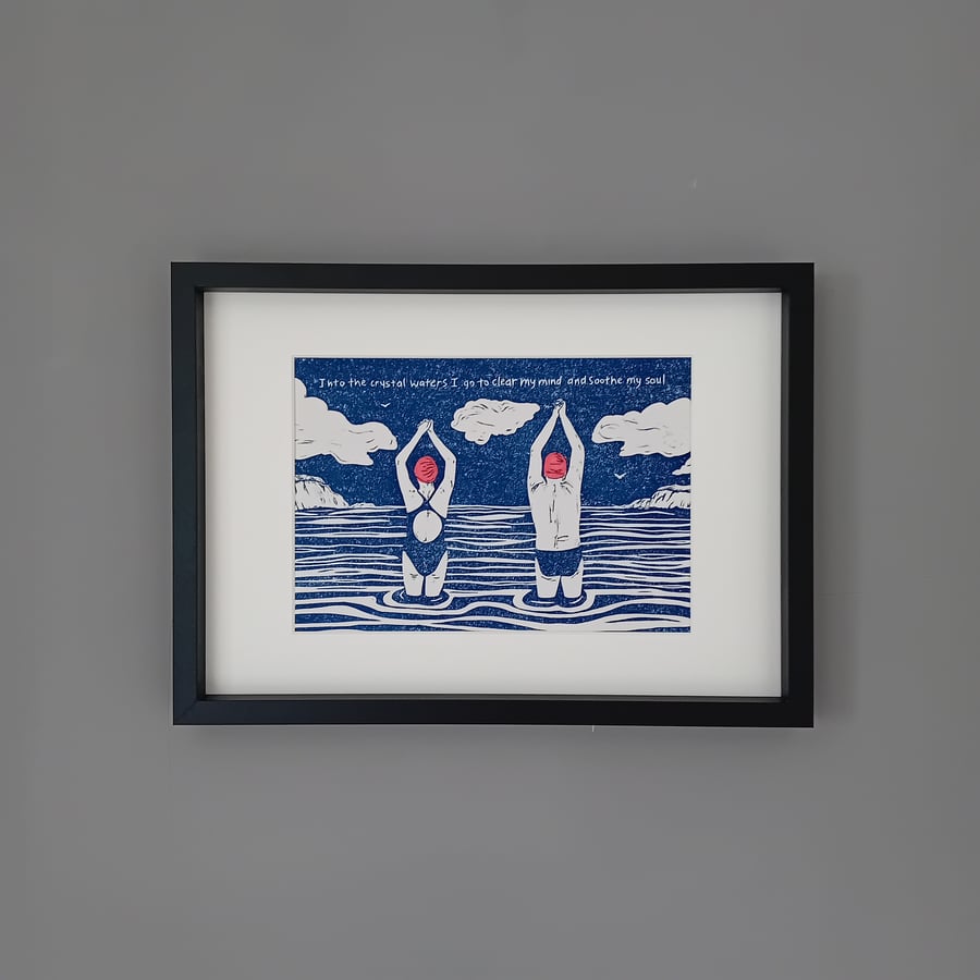 Wild Swimmer Linocut Print - sea swimming cold water male female swimmer gift