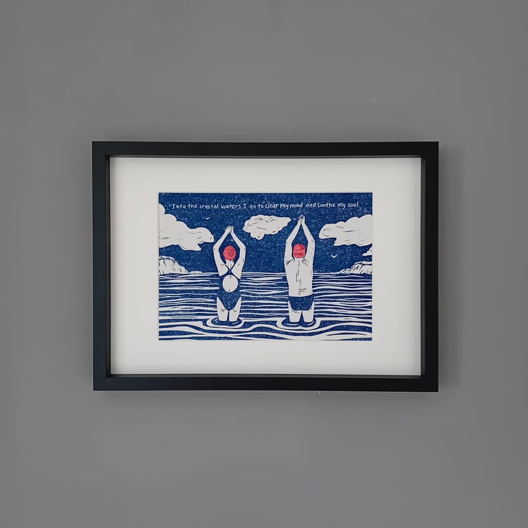 Wild Swimmer Linocut Print - sea swimming cold water male female swimmer gift