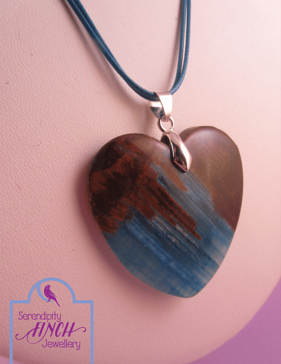 Brown Blue Agate Heart Pendant Necklace, Blue Heart Necklace, Blue Heart Pendant