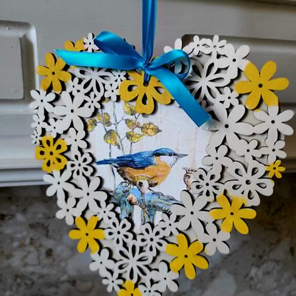 Wooden Heart Sign with Vintage Blue Bird,Yellow Blossoms Wooden Heart Wall Sign