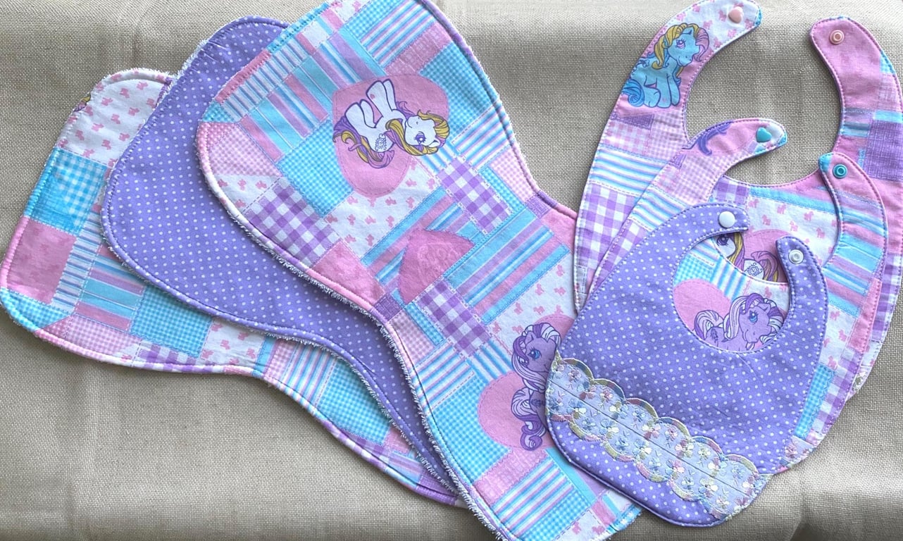 Handmade baby gift set pastel pony bibs and burp cloths newborn