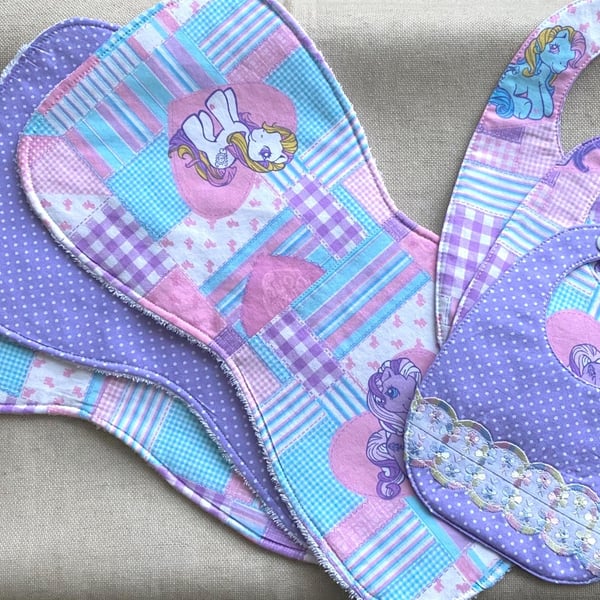 Handmade baby gift set pastel pony bibs and burp cloths newborn