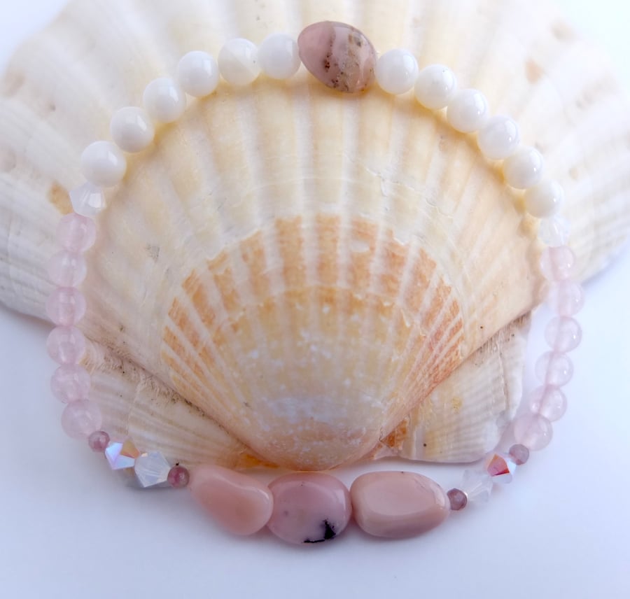 Pink Opal and Rose Quartz Bracelet With Swarovski Crystals, Tourmaline and Shell