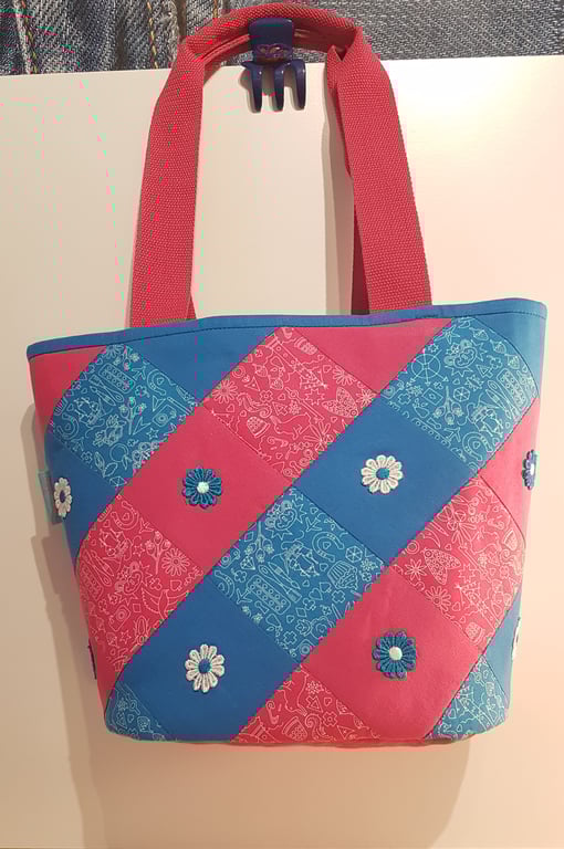 Tote Bag, Hot Pink and Blue with Lace Flowers