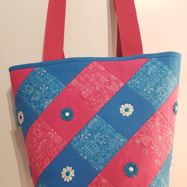 Tote Bag, Hot Pink and Blue with Lace Flowers