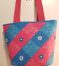 Tote Bag, Hot Pink and Blue with Lace Flowers - Image 1
