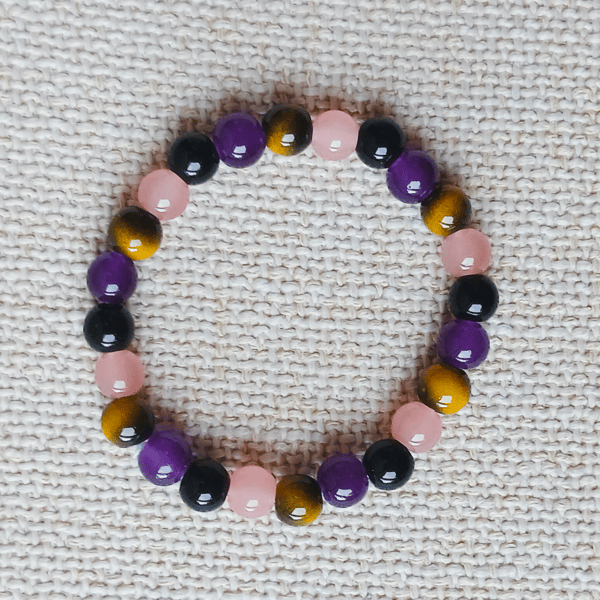 Ladies Amethyst, Tiger's Eye, Rose Quartz, and Black Onyx Elastic Bead Bracelet
