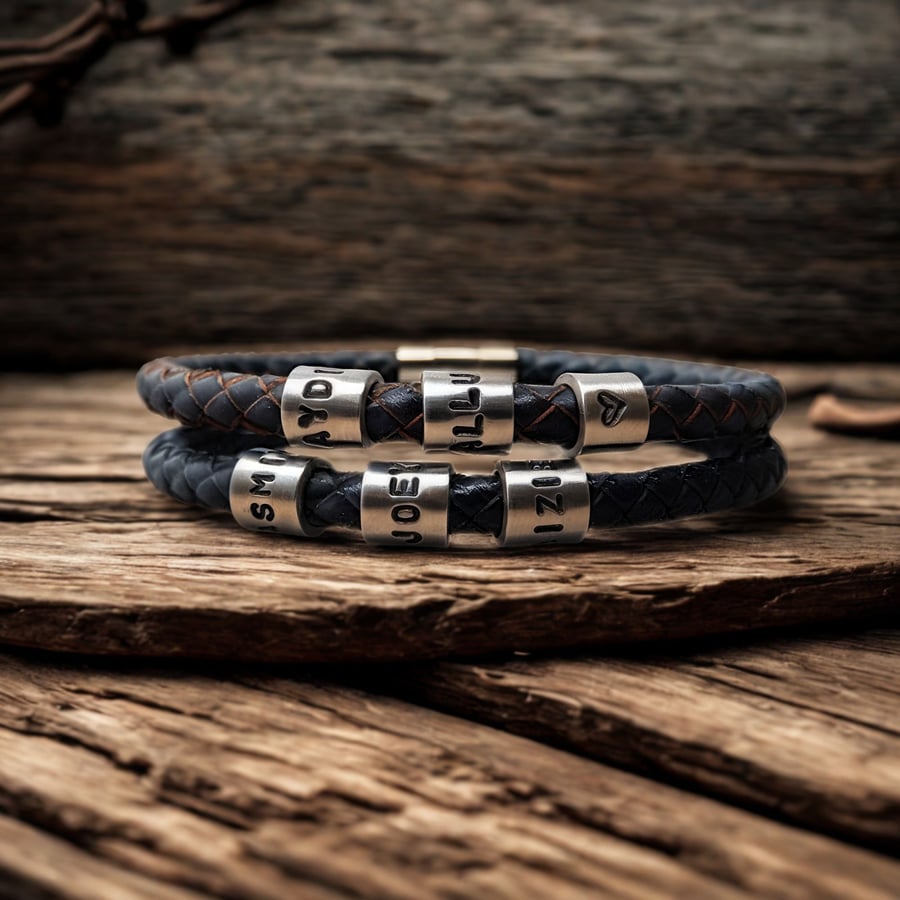 Personalised Men's Leather Bracelet with Three Hand Stamped Name Rings