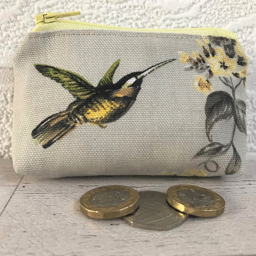 Small purse, coin purse in beige with hummingbird and yellow flowers print