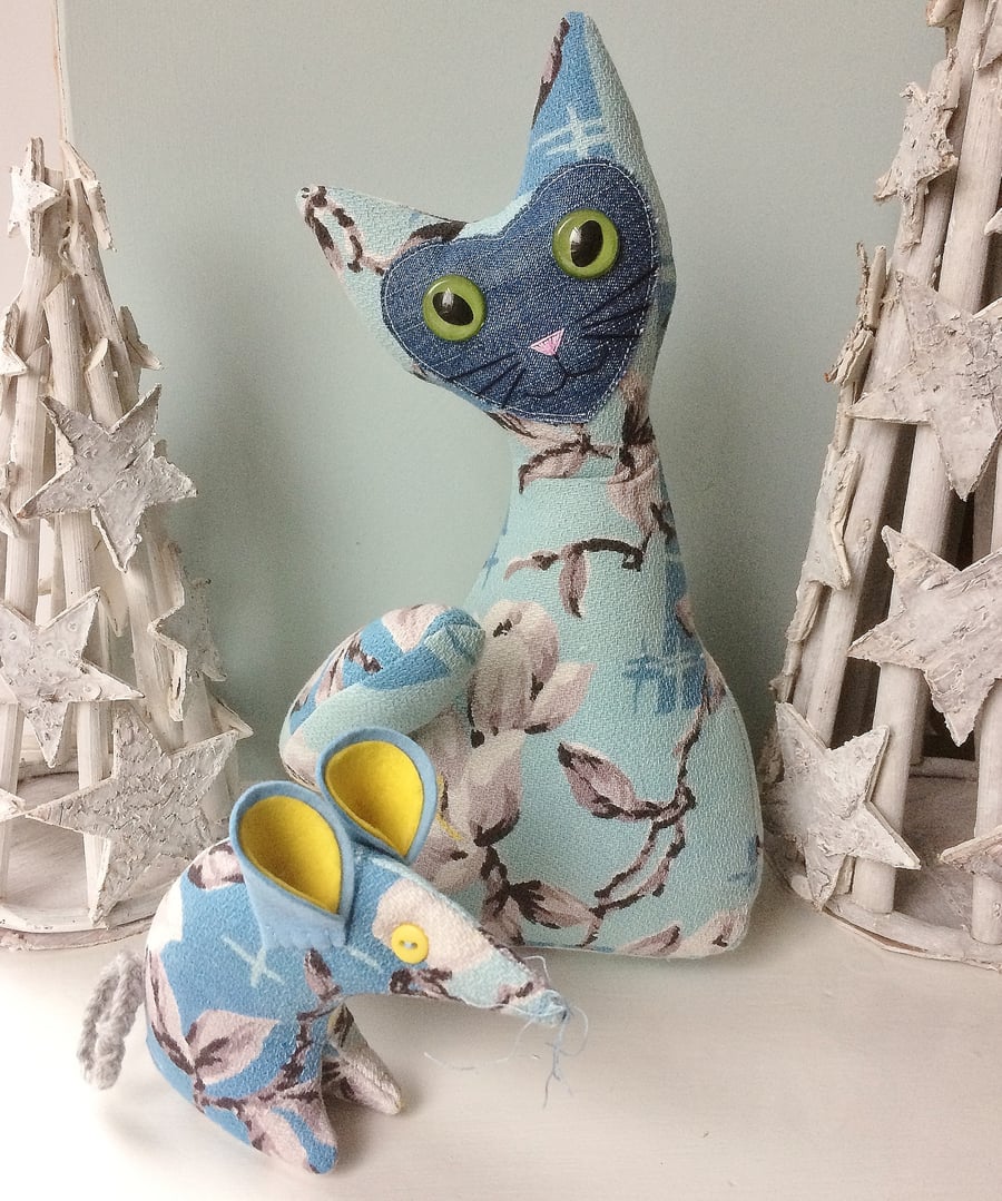 Mid Century Retro CAT and mouse  - BLUE Barkcloth