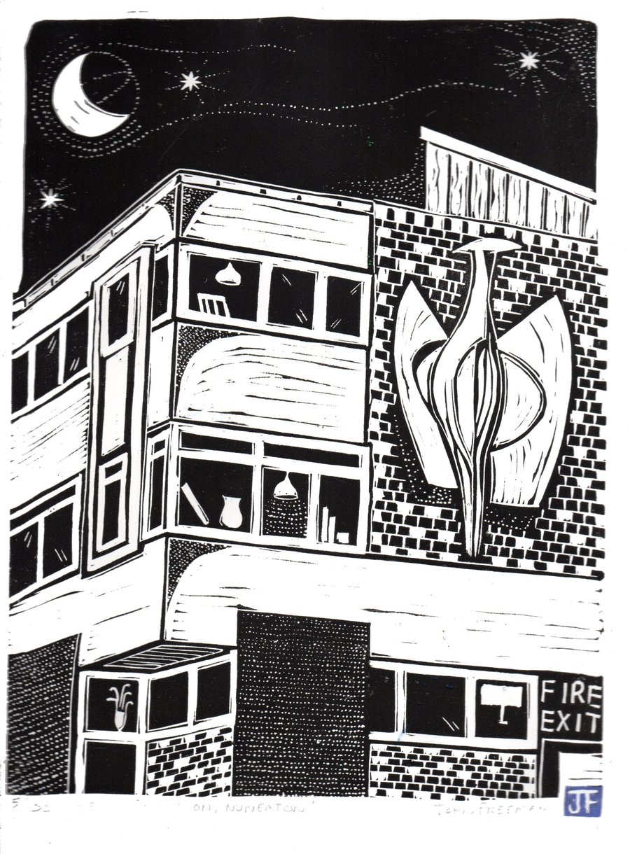 The Heron, Nuneaton by John Freeman, linocut print