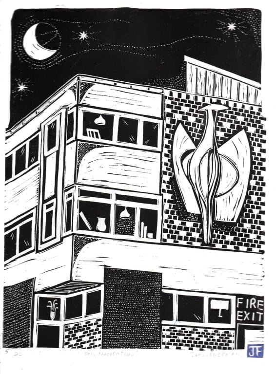 The Heron, Nuneaton by John Freeman, linocut print
