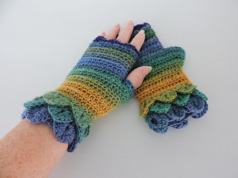 Fingerless Mitts  Gloves with Dragon Scale Cuffs Yellow Green and Blue