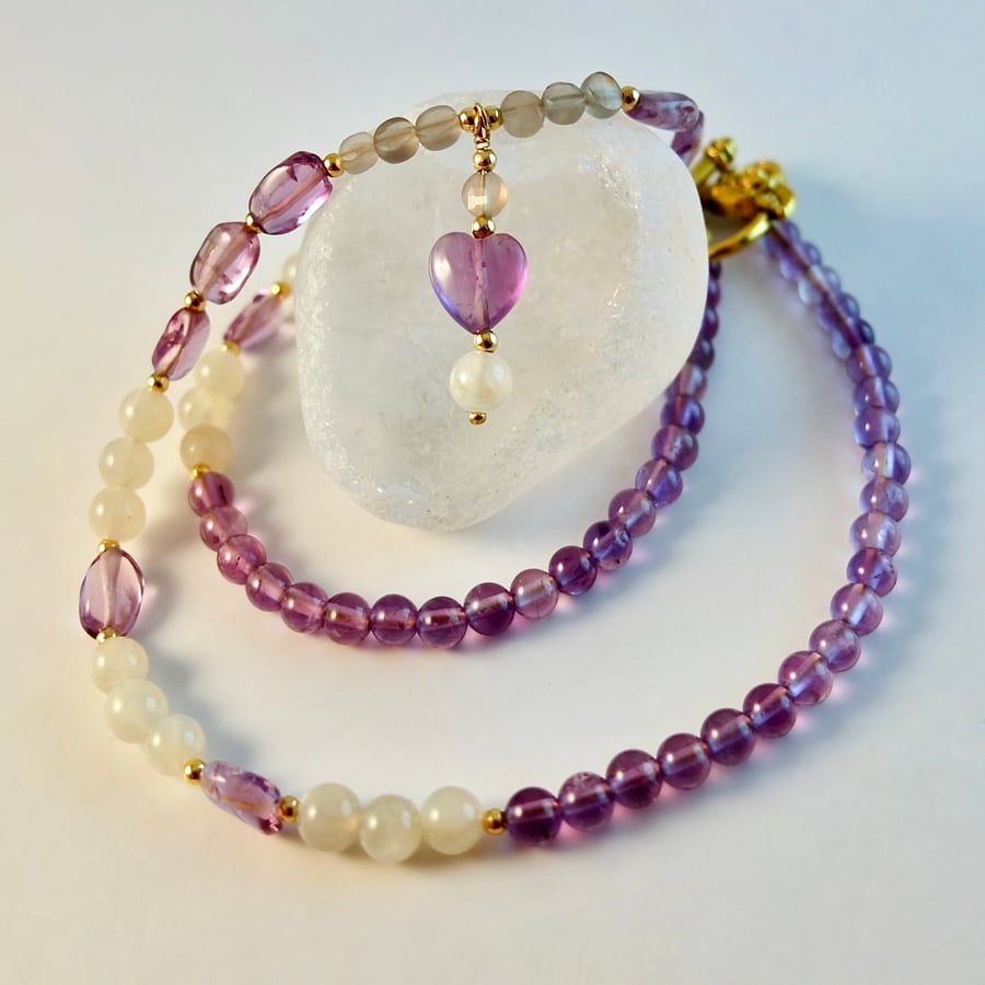 Amethyst And Moonstone Necklace With Amethyst Heart Pendant - Handmade In Devon