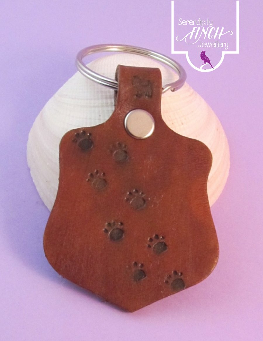 Dog Paw Print Brown Leather Keyring, Hand Stamped Leather Keyring, Dog Keyring