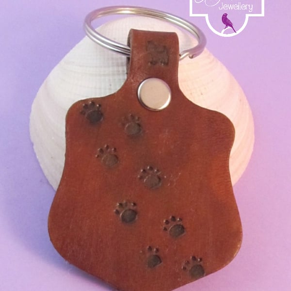 Dog Paw Print Brown Leather Keyring, Hand Stamped Leather Keyring, Dog Keyring