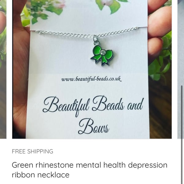 Green ribbon depression awareness necklace 16 inches silvertone 