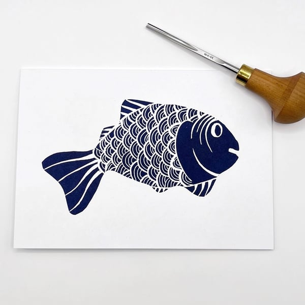 Fish Lino Print on an Eco Friendly Greetings Card - White