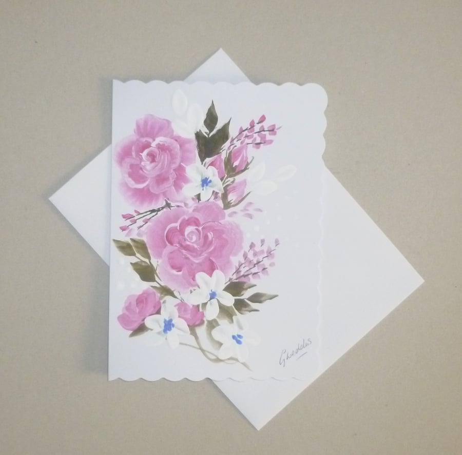 original art hand painted floral roses greetings card ( ref FA 175 C1 )