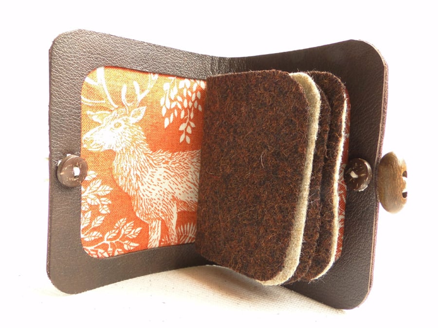 Deer Needle Case - Sewing Accessory - Brown Leather Needle Book - Sewing Gift