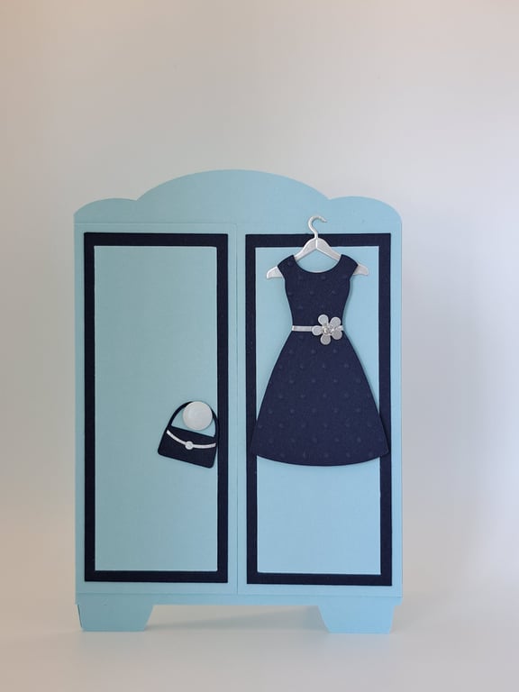 Turquoise and Navy Wardrobe Shaped Birthday Card – Dress and Handbag Design 