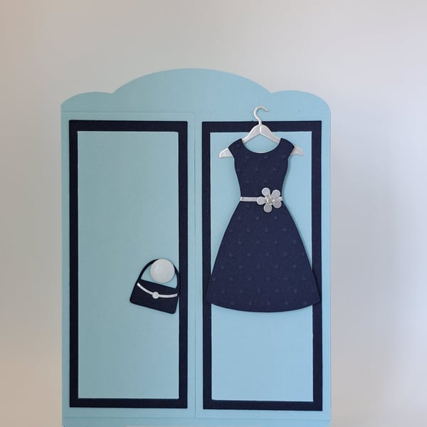 Turquoise and Navy Wardrobe Shaped Birthday Card – Dress and Handbag Design 
