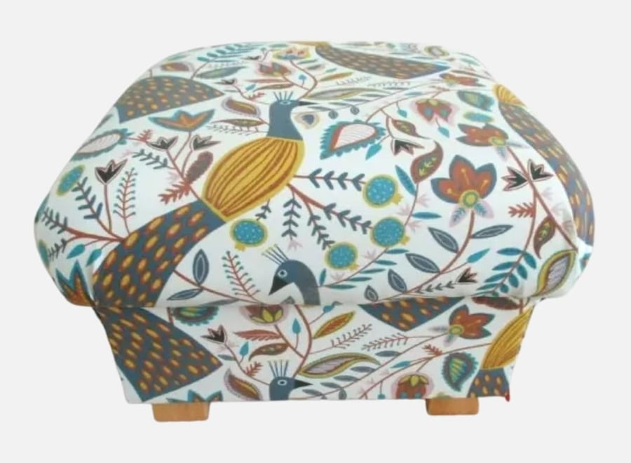 Storage Footstool Fryetts Peacocks Ochre Fabric Pouffe Floral Birds Mustard 