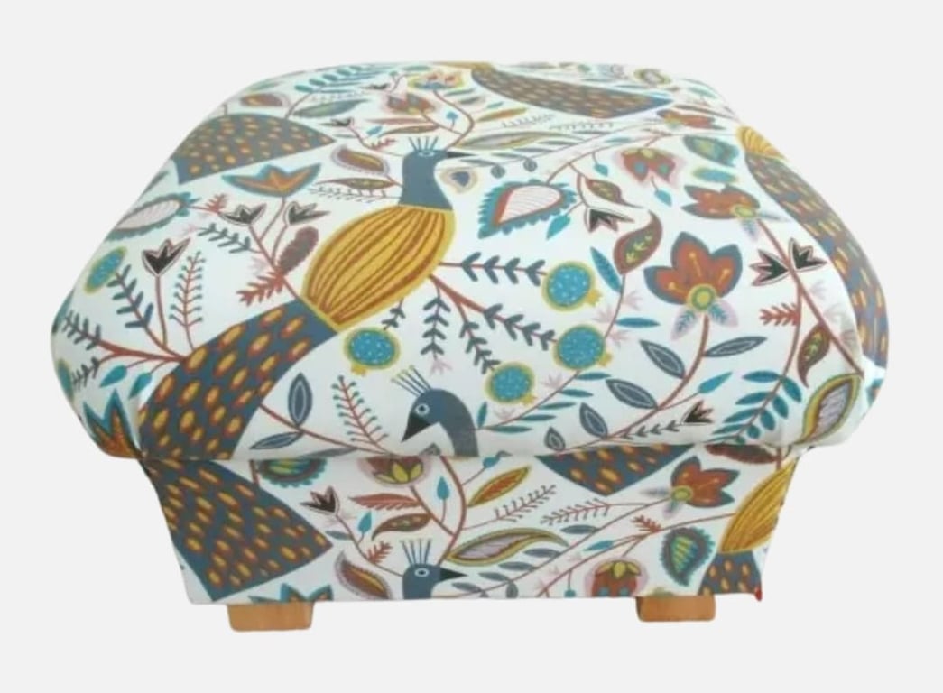 Storage Footstool Fryetts Peacocks Ochre Fabric Pouffe Floral Birds Mustard 