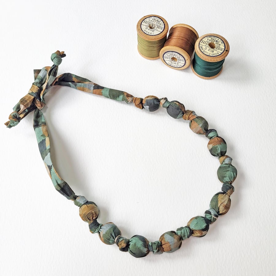 Green, Khaki & Brown Liberty Print Fabric Necklace - Ikat Night