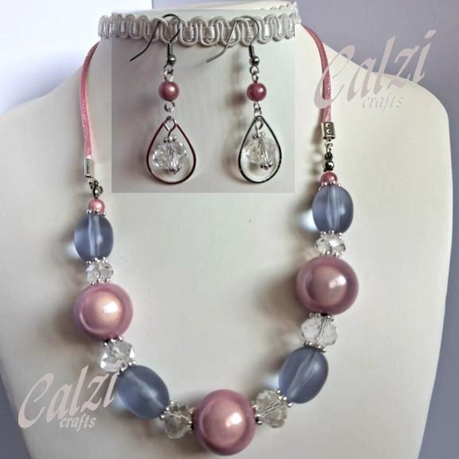 Lavender Glass And Crystal Bead Necklace And Earrings