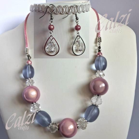 Lavender Glass And Crystal Bead Necklace And Earrings