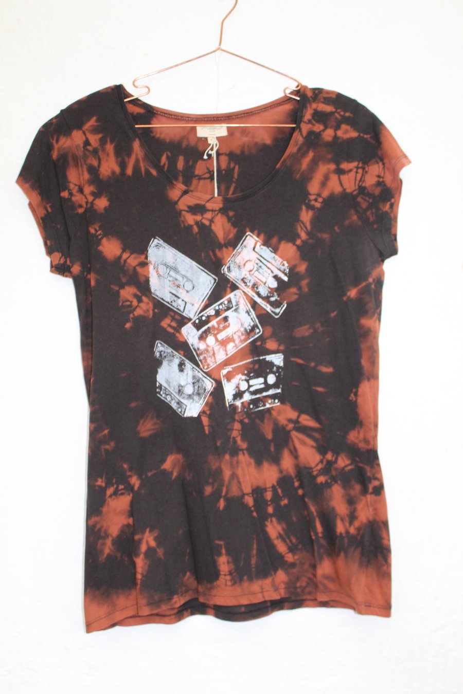 Ladies size 16 T shirt, reworked Eco tie dyed clothing retro tape cassette print