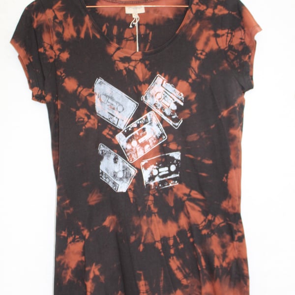 Ladies size 16 T shirt, reworked Eco tie dyed clothing retro tape cassette print