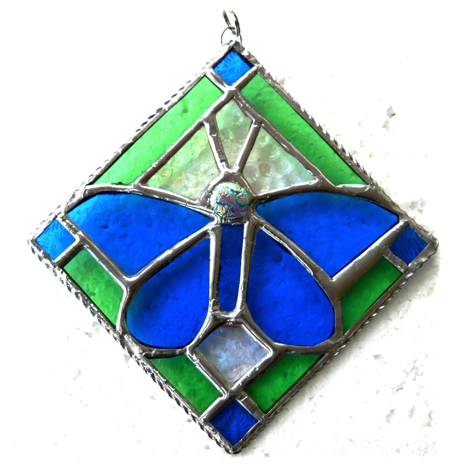 Butterfly Framed Stained Glass Suncatcher Teal Green Tile