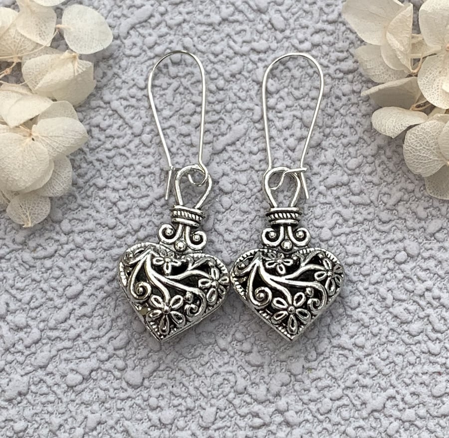 Silver Filigree Heart Charm Drop Earrings