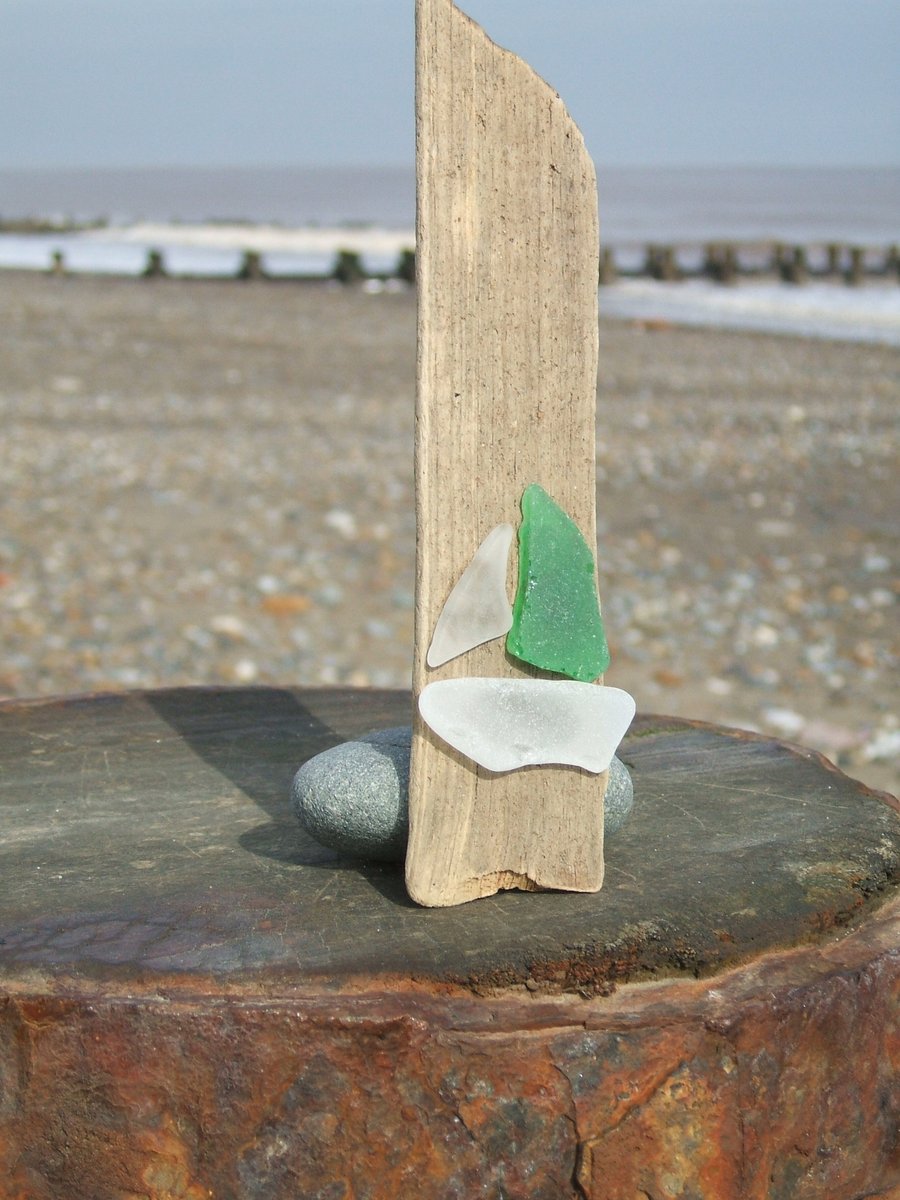 seaglass and driftwood decoration - boat with a green sail