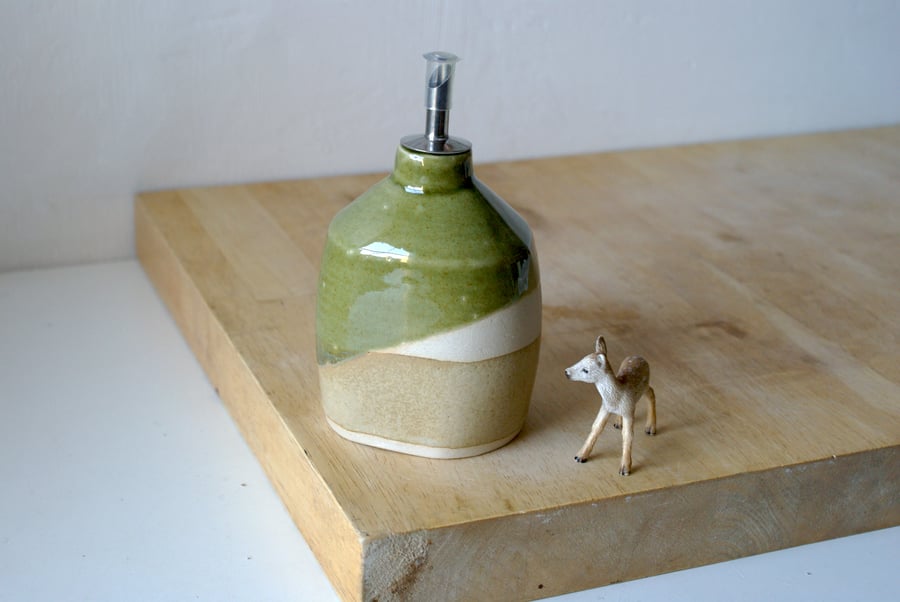 Ceramic oil pouring bottle cross dipped in forest green and sandy brown