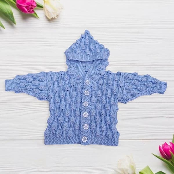 Hand Knitted Baby Cardigan, Hooded, Light Blue, Bobble Pattern, Infant Sweater 