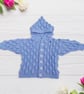 Hand Knitted Baby Cardigan, Hooded, Light Blue, Bobble Pattern, Infant Sweater  - Image 1