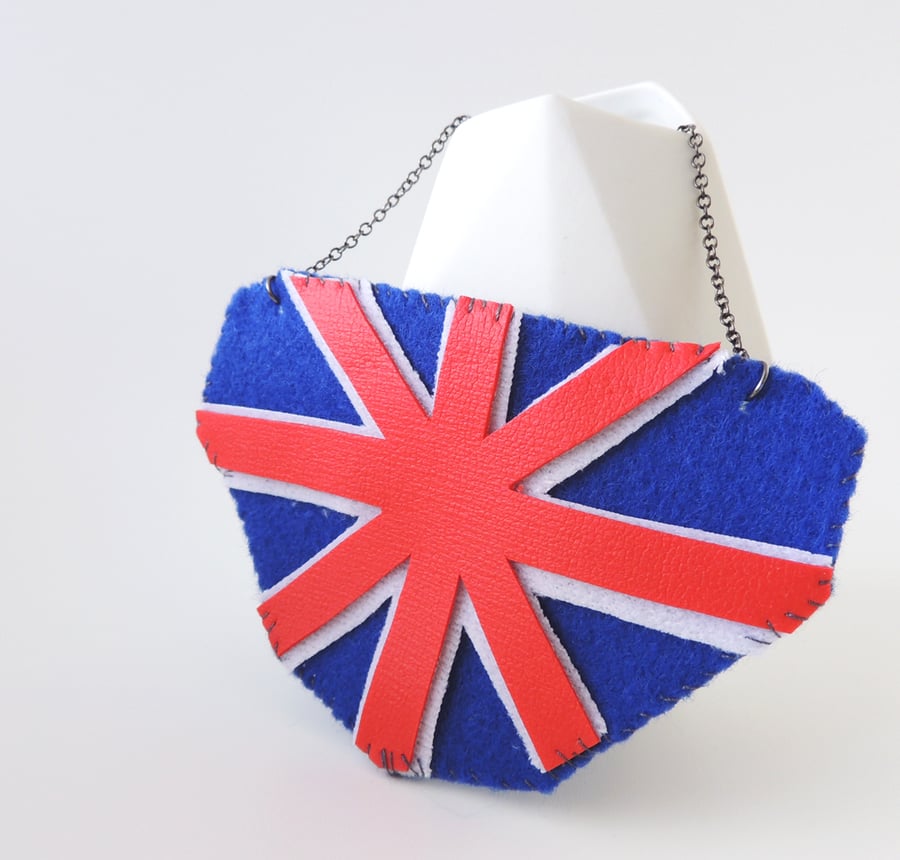 Union Jack Necklace - Patriotic Felt Flag Pendant - Hand-Sewn Textile Design