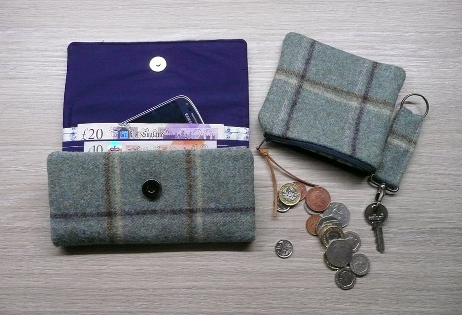 Sea green & navy tweed wallet, coin purse and keyring set, ladies tweed purse