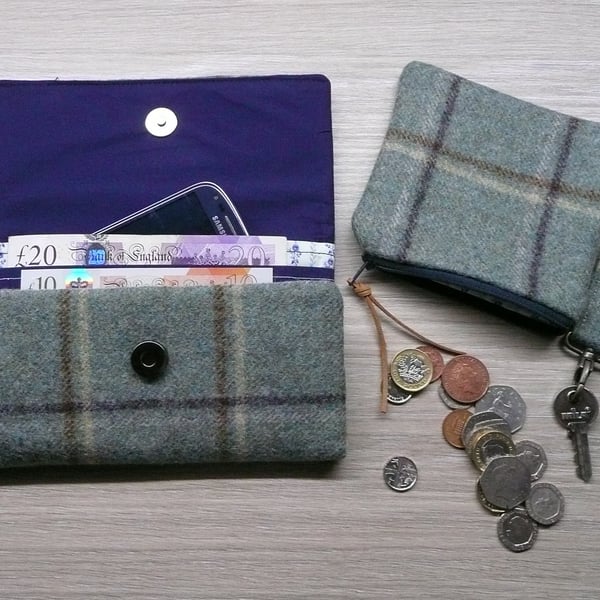 Sea green & navy tweed wallet, coin purse and keyring set, ladies tweed purse