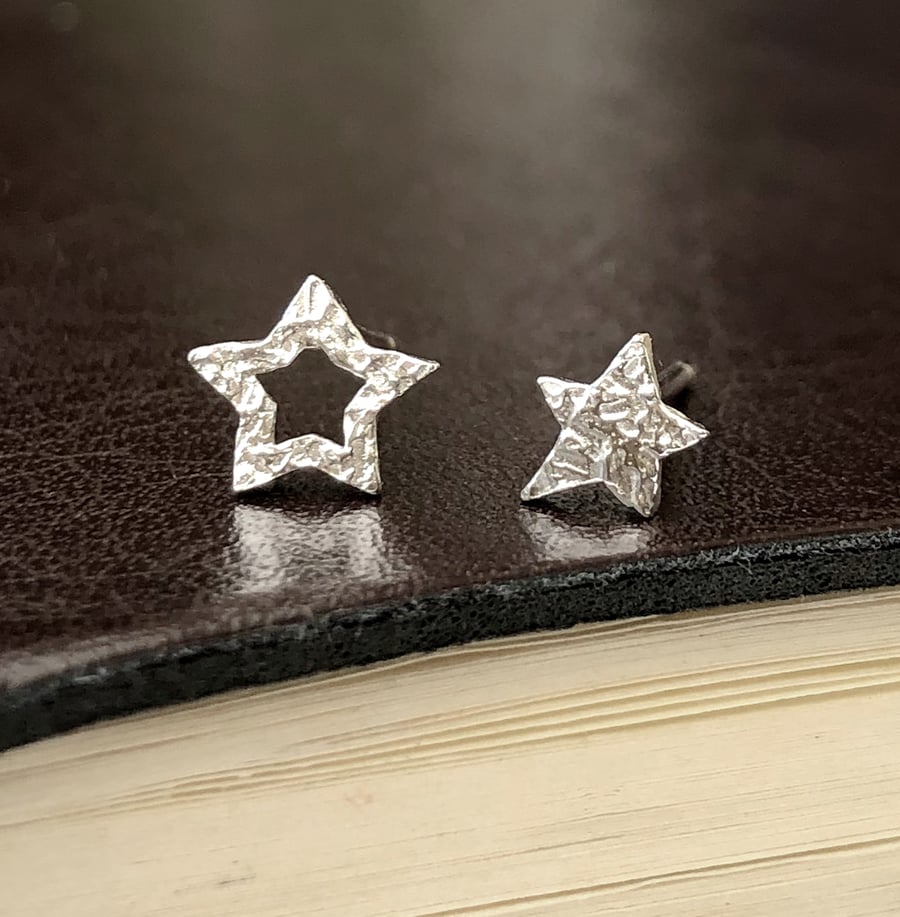 Mini Rock Star Earrings, Sterling Silver Mismatched Star Stud
