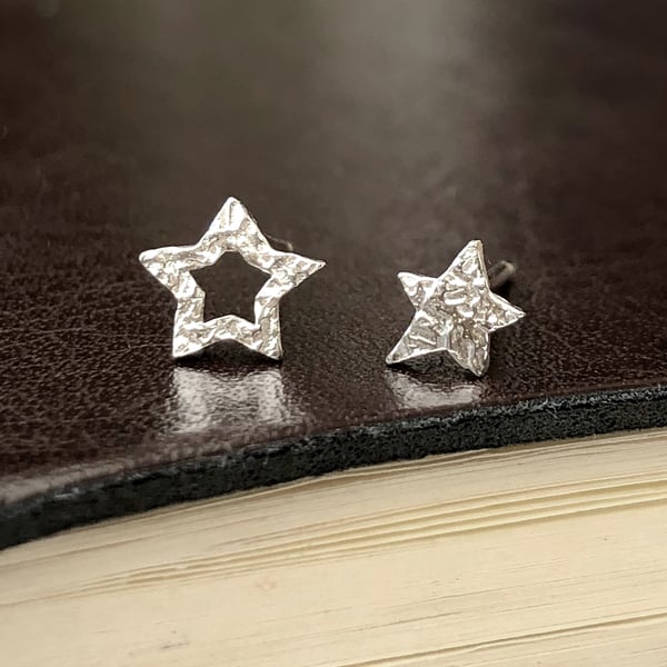 Mini Rock Star Earrings, Sterling Silver Mismatched Star Stud