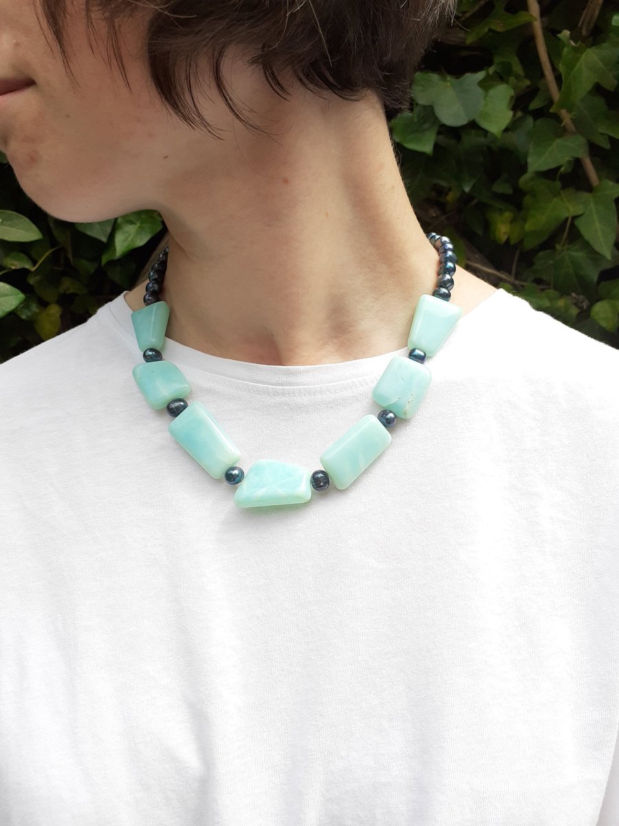 Opal and Electric Blue Freshwater Pearl Statement Necklace