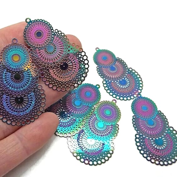 Electroplated Circle Pendants, 40x25mm Stainless Steel Charms, Pack of 5