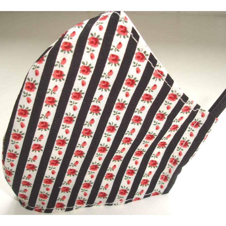 Face Mask Black And Red Floral Stripe Roses Flowers